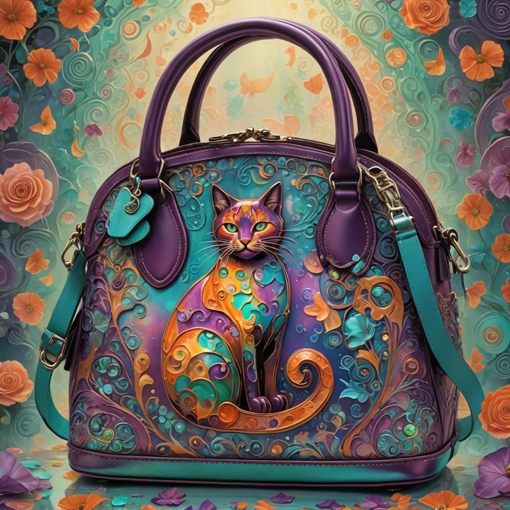 Cat Handbag with Hologram, Whimsical Fantasy Art
