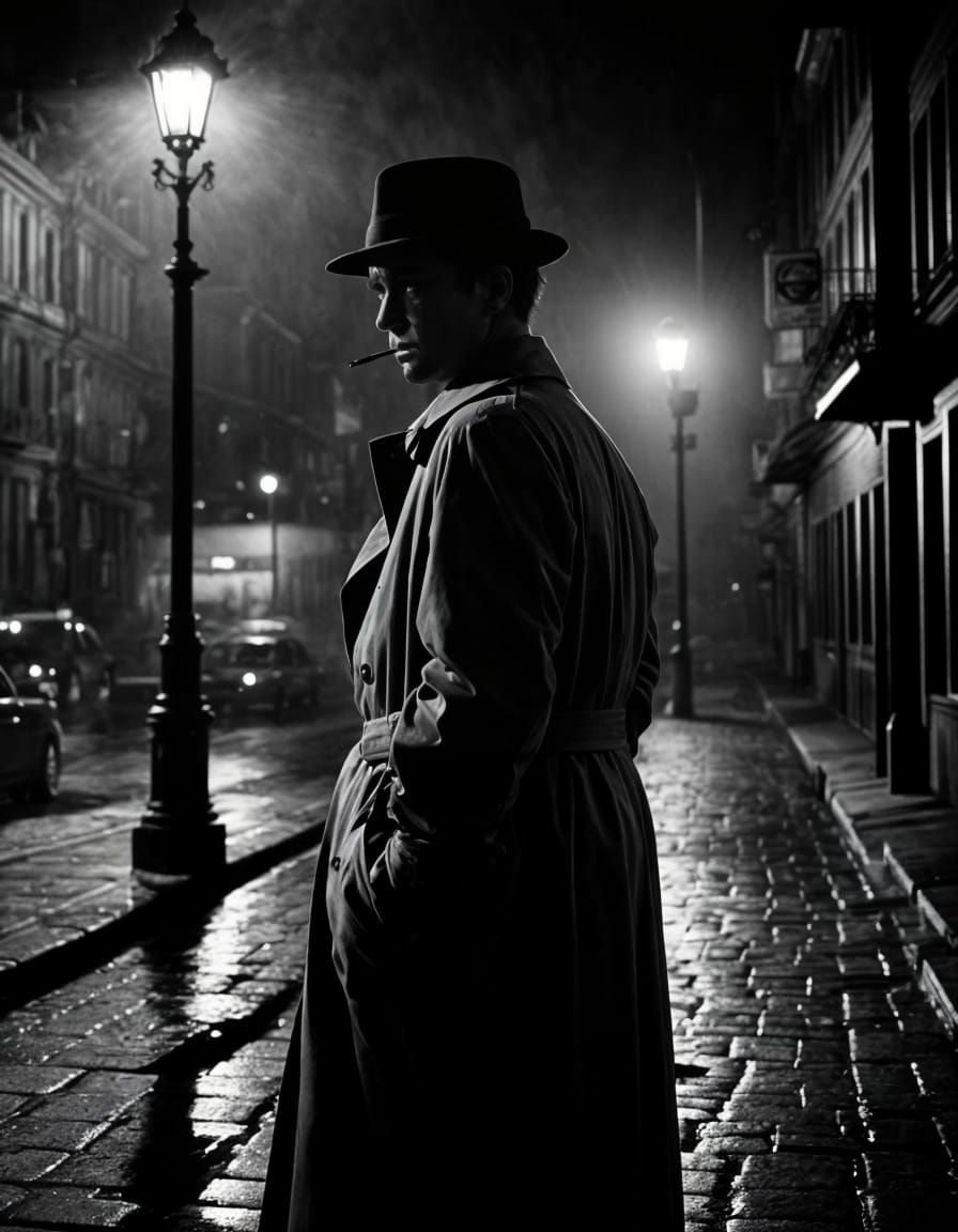 Film Noir Detective on Rainy Night Street