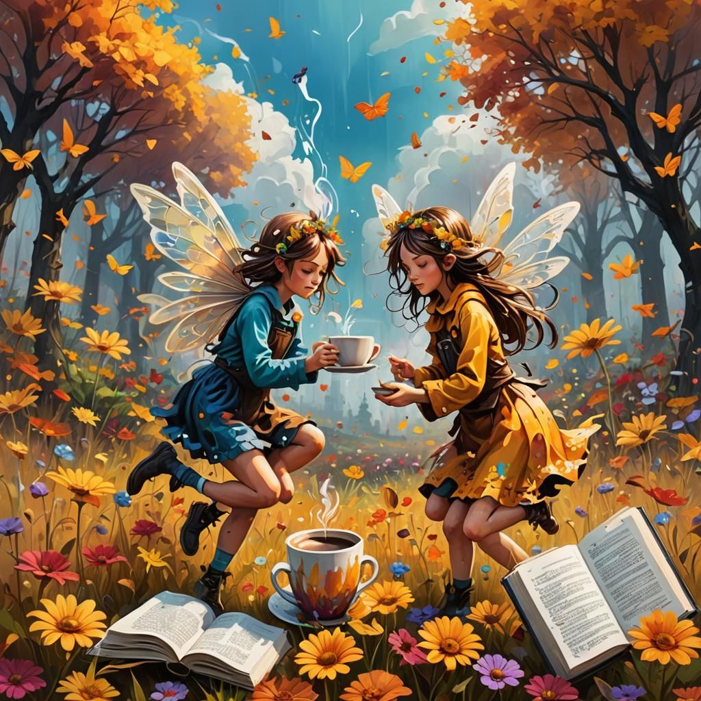 Fairies in Autumn Flower Field, Graffiti Art