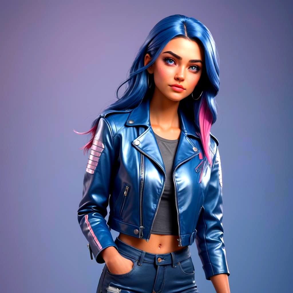 Silver-Skinned Woman in Blue Leather Jacket: 3D Digital Art