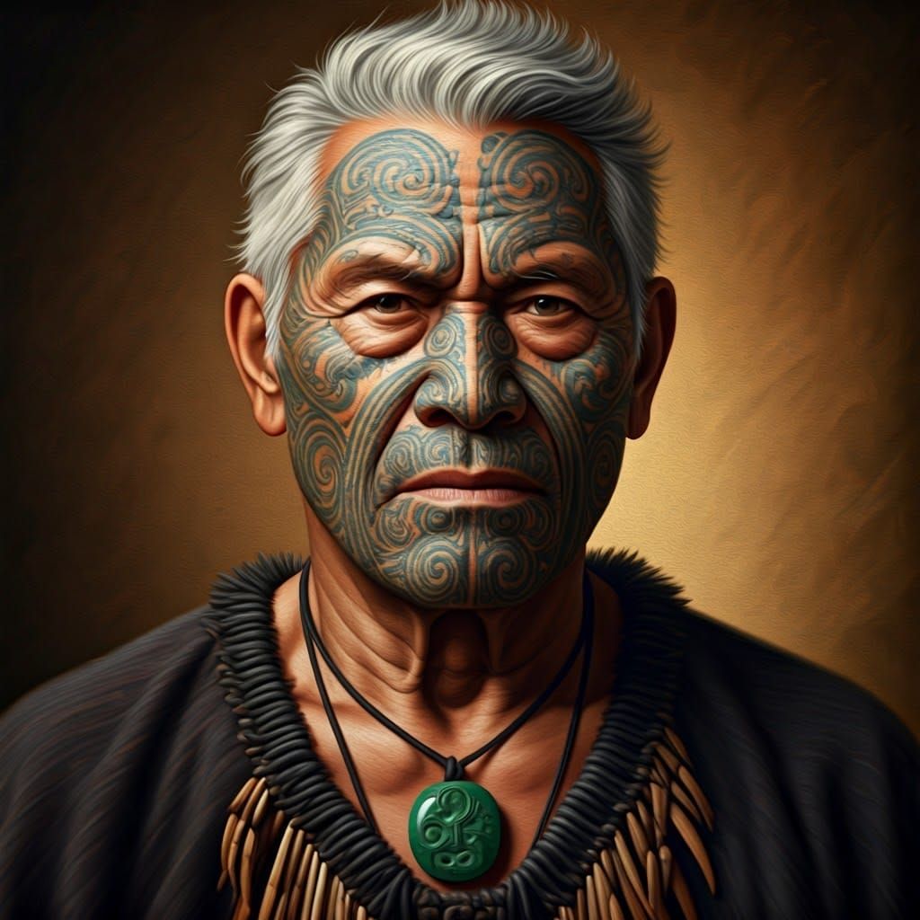 Polynesian Elder with Maori Tattoo, Oil Painting Realism