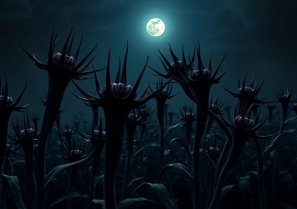 Ominous Field of Flesh-Eating Flowers in Giger Style
