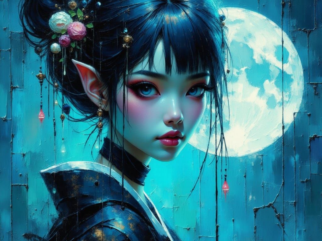 Elf Geisha Portrait in Ethereal Moonlight