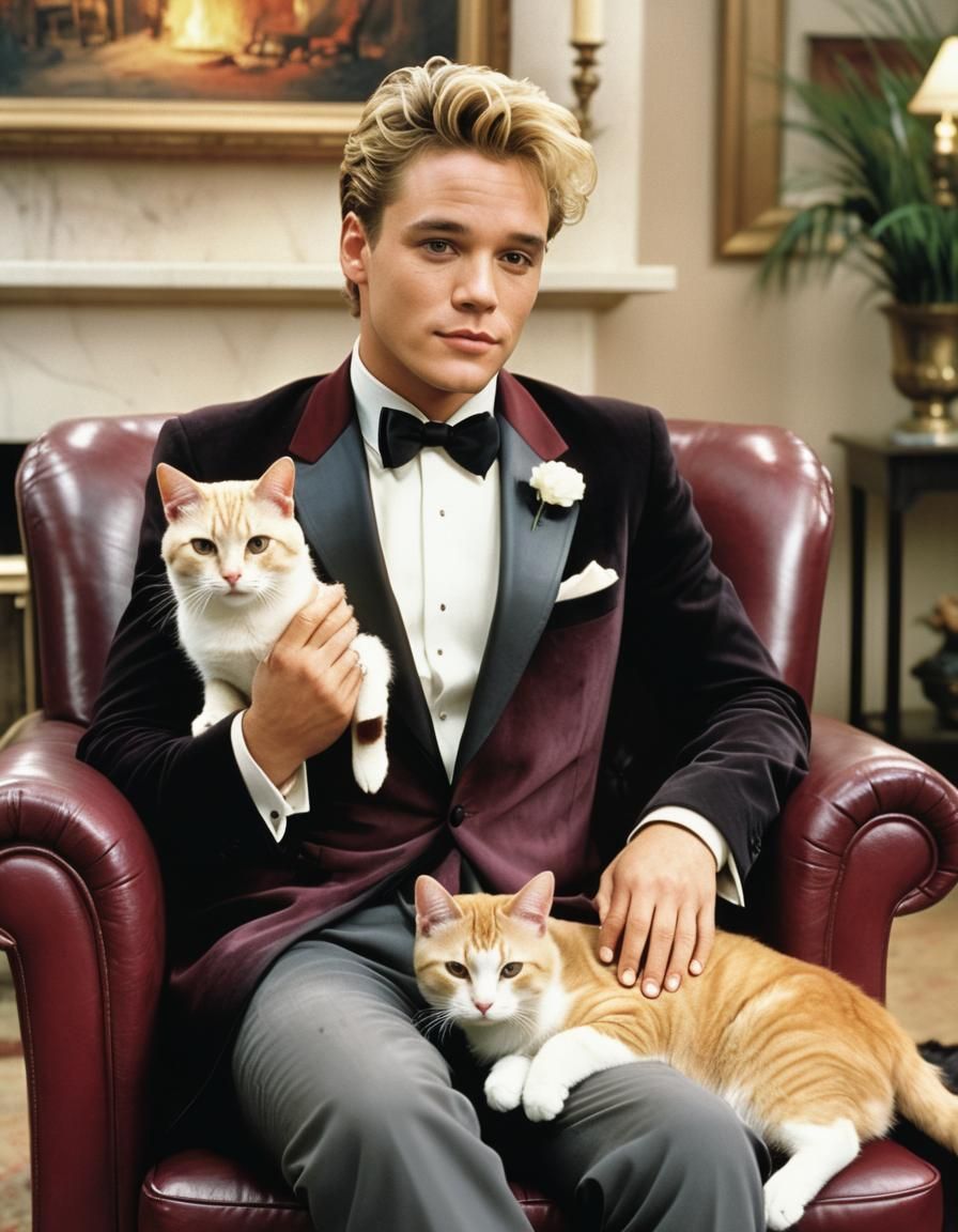 Young Man Petting Cat in Watercolor Style