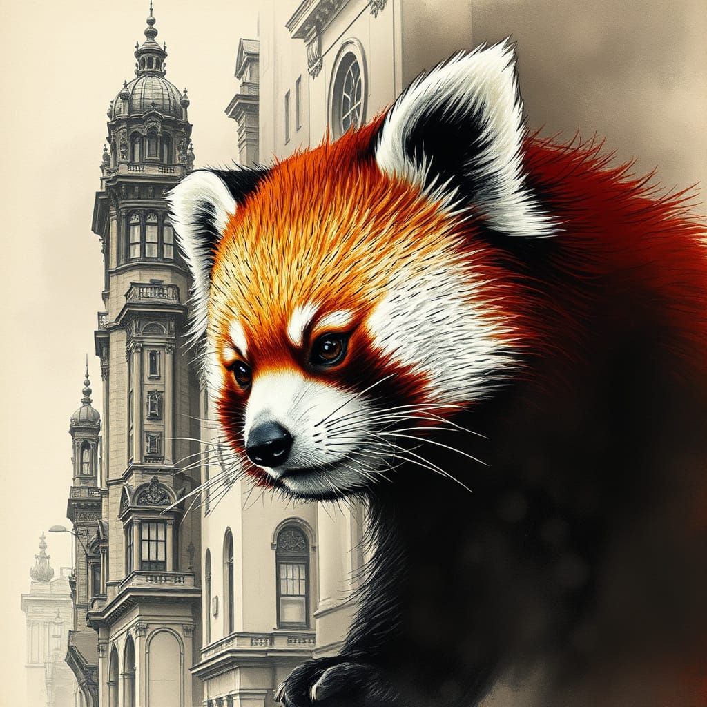 Red Panda Merged with Ashcan School Sketches