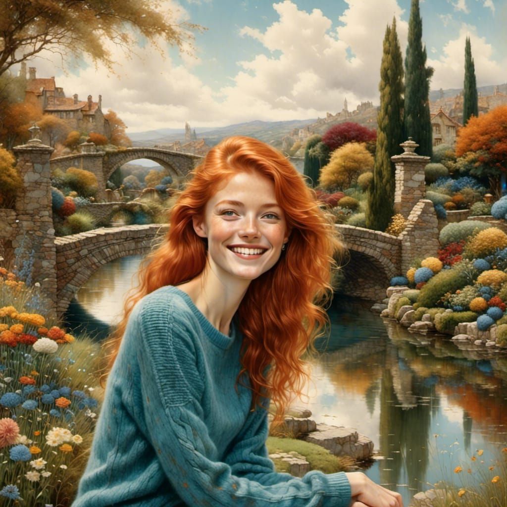 Smiling Redhead in Garden with Stone Bridge