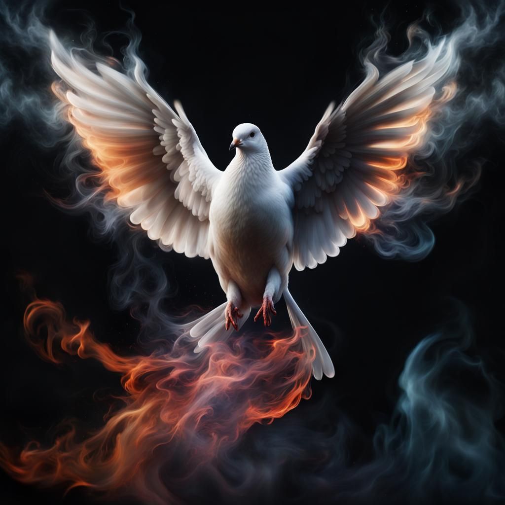 a smoky wispy luminescent multi color swirling vapor of fire and ash creates a dove, black background