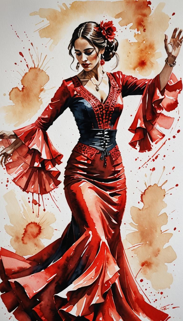 Dynamic Flamenco Dancer in Watercolor Painting