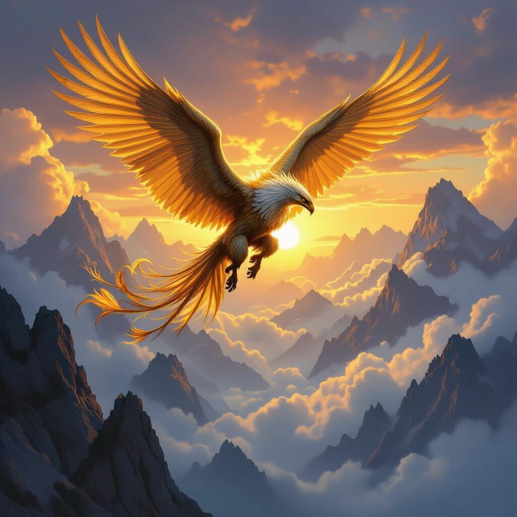 Majestic Griffin Soars Over Misty Mountains at Dawn