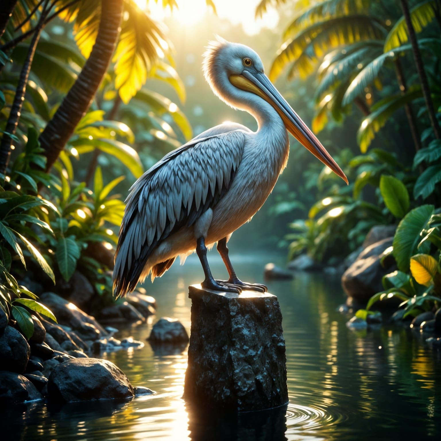 Pelican on Tropical River Perch in Epic Cinematic Style