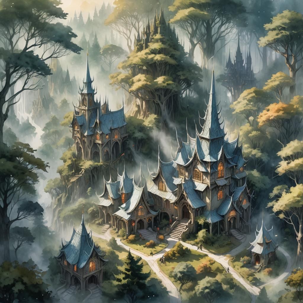 High Elves Building Village in Misty Forest