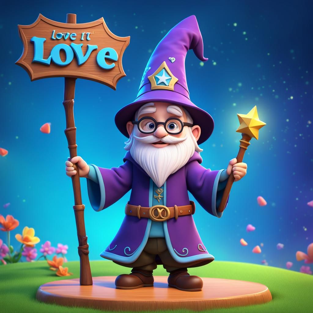 Cute Wizard Holding Sign, Pixar-Style 3D Digital Art
