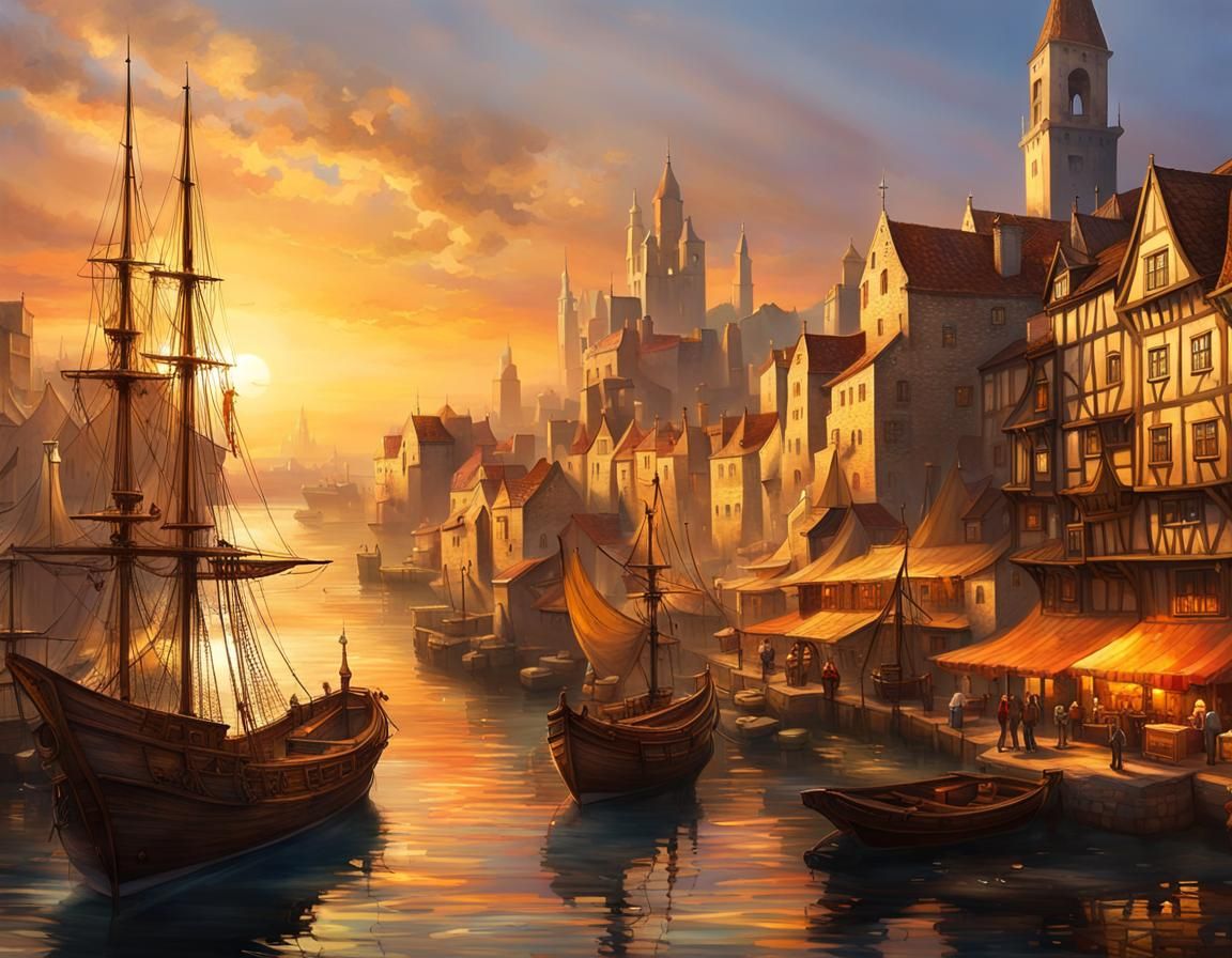 Medieval Port at Sunset in Digital Painting Style