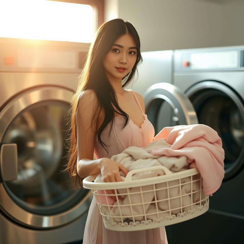 Serene Japanese Woman in Laundromat with Laundry Basket