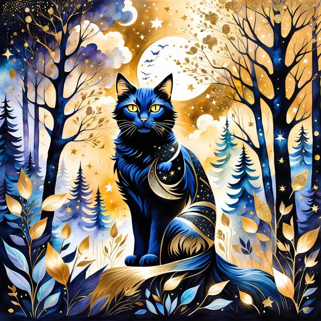 Elegant Cat in Golden Forest: Watercolor Painting