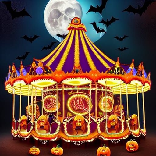 Halloween Carnival Carousel under a Brilliant Moon