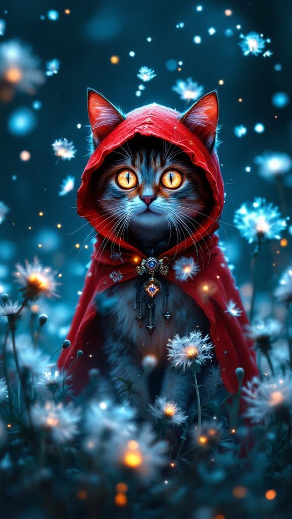 Mystical Magic Cat in Futuristic Dandelion Dreamscape