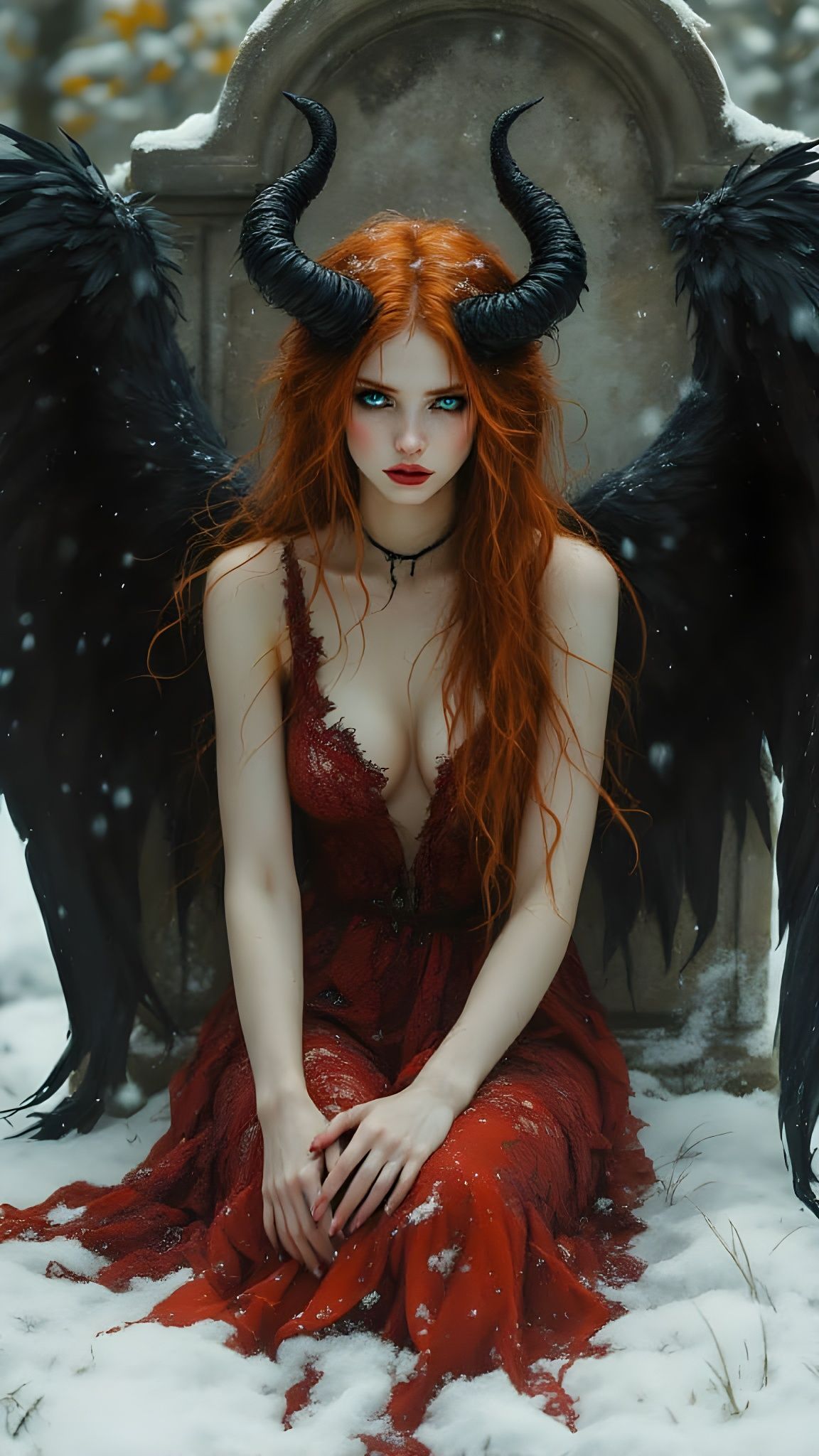 Ethereal Fallen Angel in Snowy Landscape