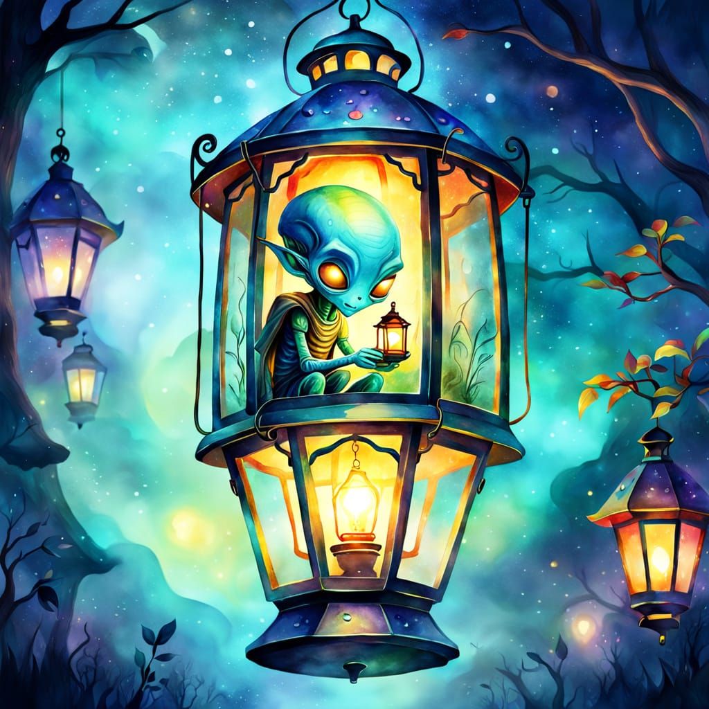 Alien World in Lantern, Watercolor Fantasy Art