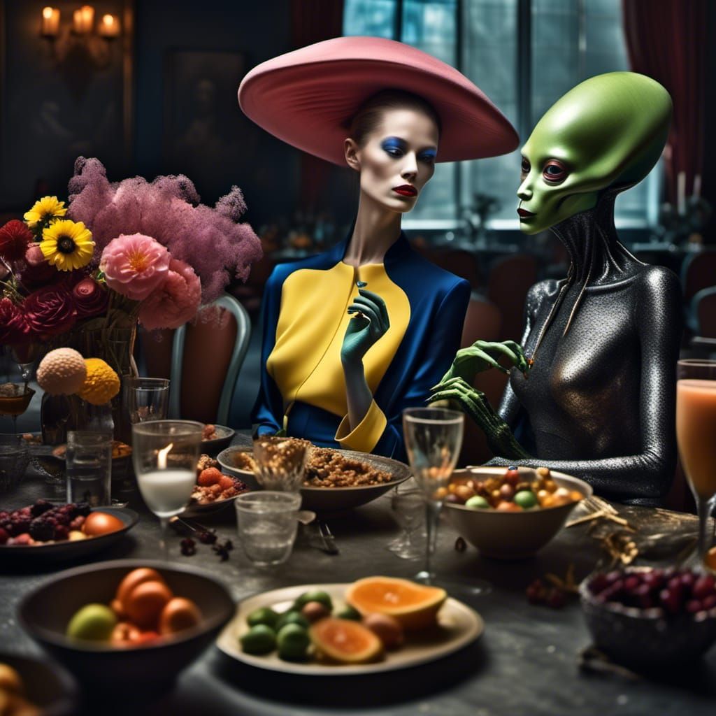 Beautiful Alien at Table in Hyperrealistic Matte Painting