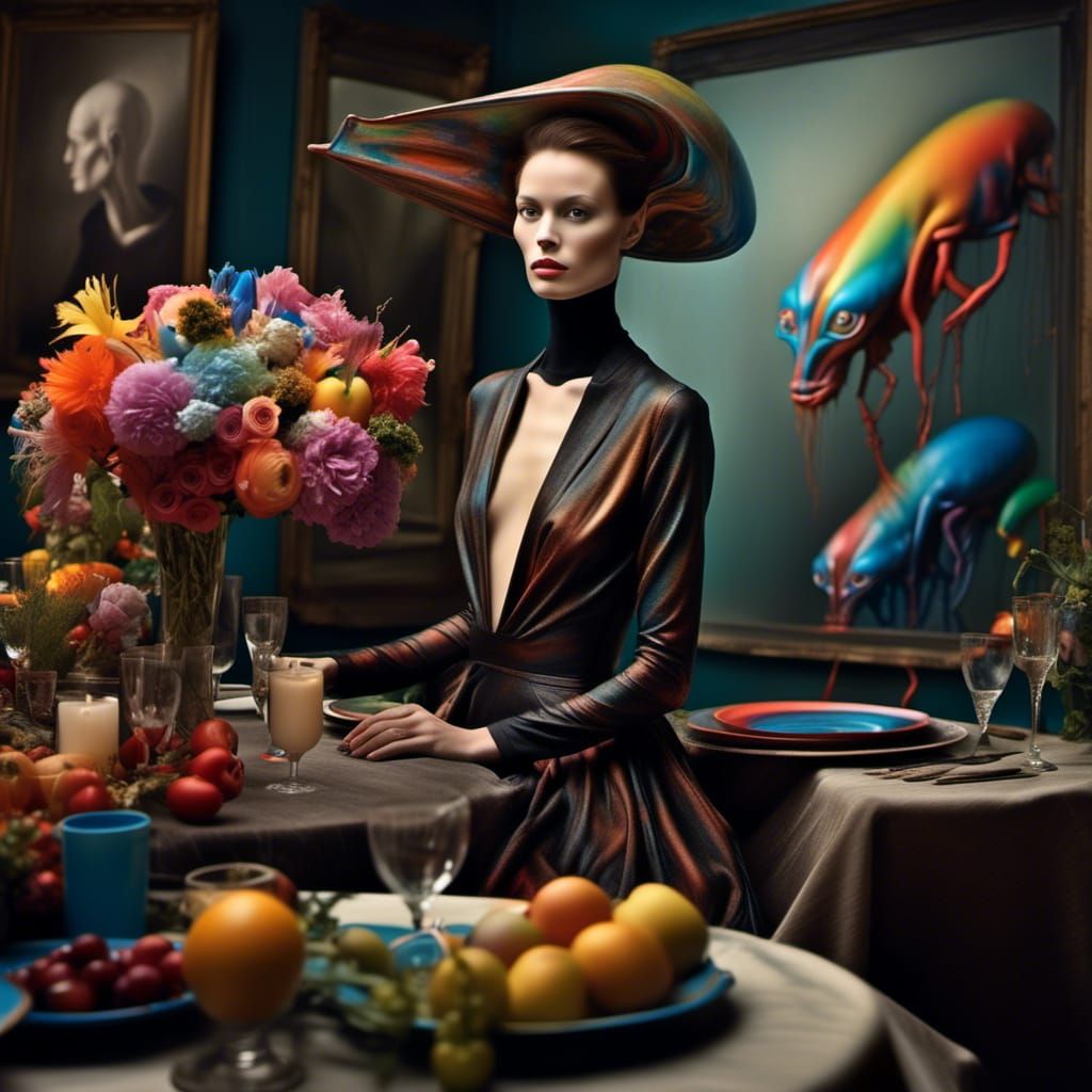 Beautiful Alien at Table: Polychromatic Matte Painting