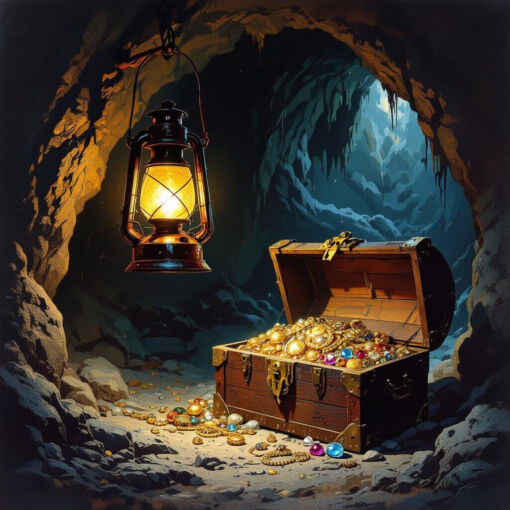 Treasure Cave Path Illuminated by Lantern: Frazetta Style