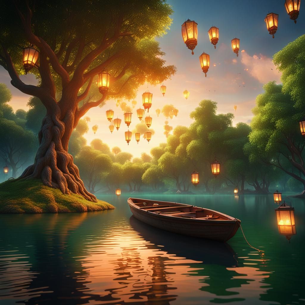 Lantern Lit Boat on Lake at Sunset