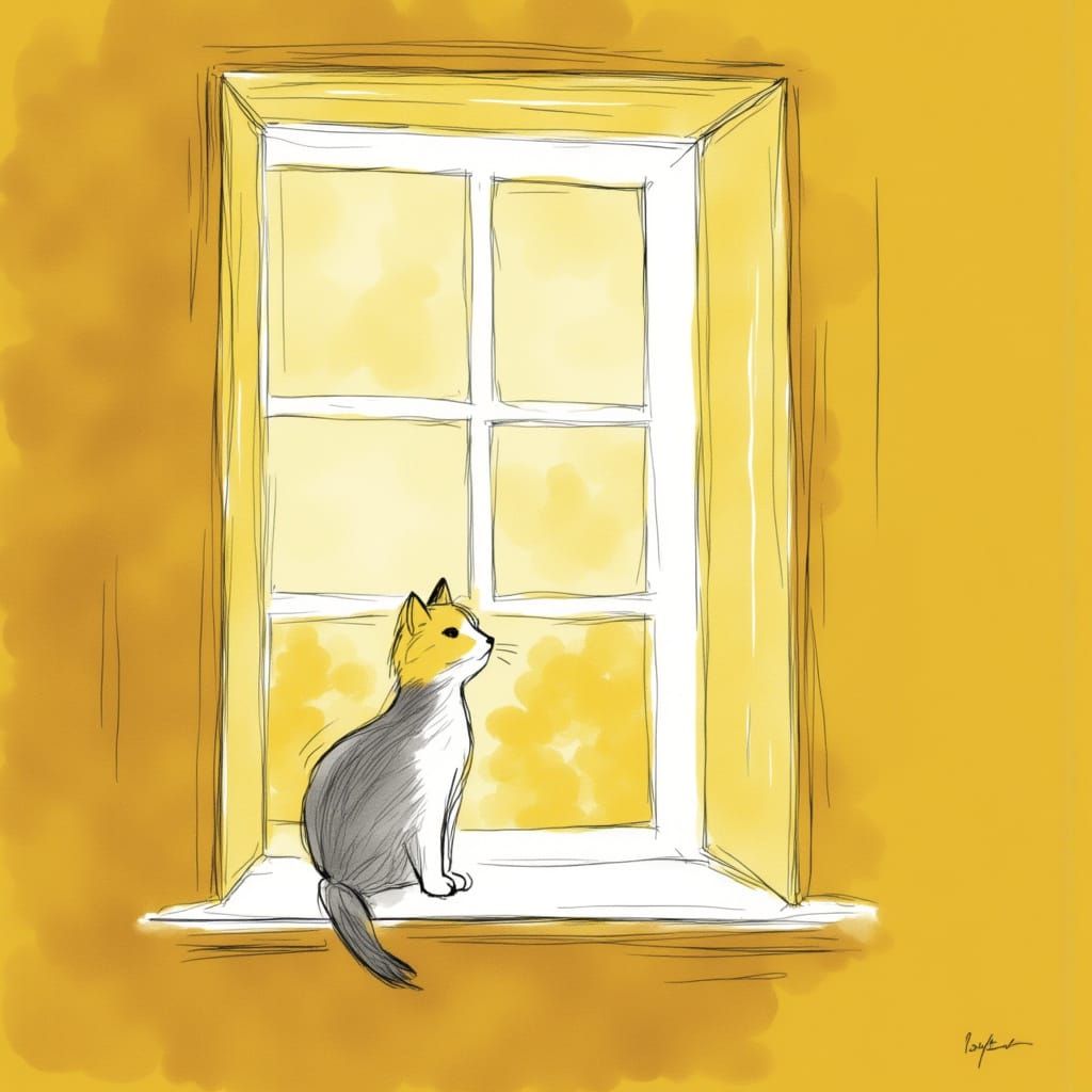 Minimalist Cat on Window Sill in Yellow Universe