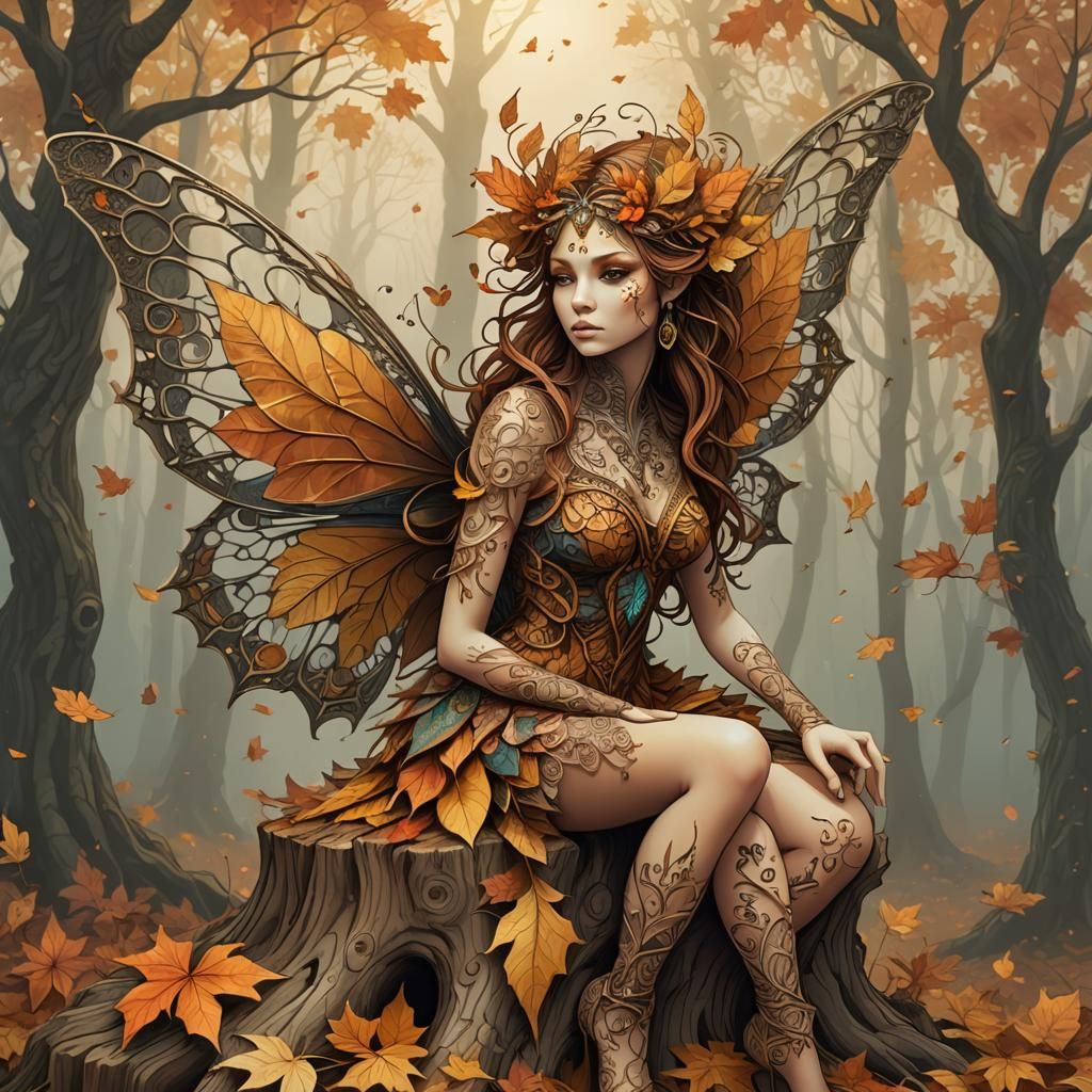 Autumn Fae in Misty Forest: Vector Fractal Art
