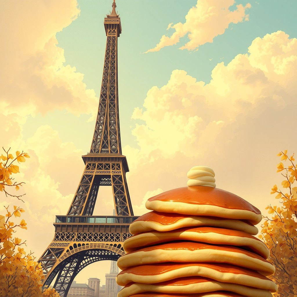 Eiffel Tower Pancakes in Vibrant Futuristic Style