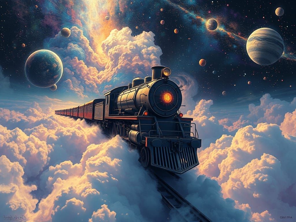 Surreal Cosmic Locomotive Blasts Off into Vibrant Cloudscape