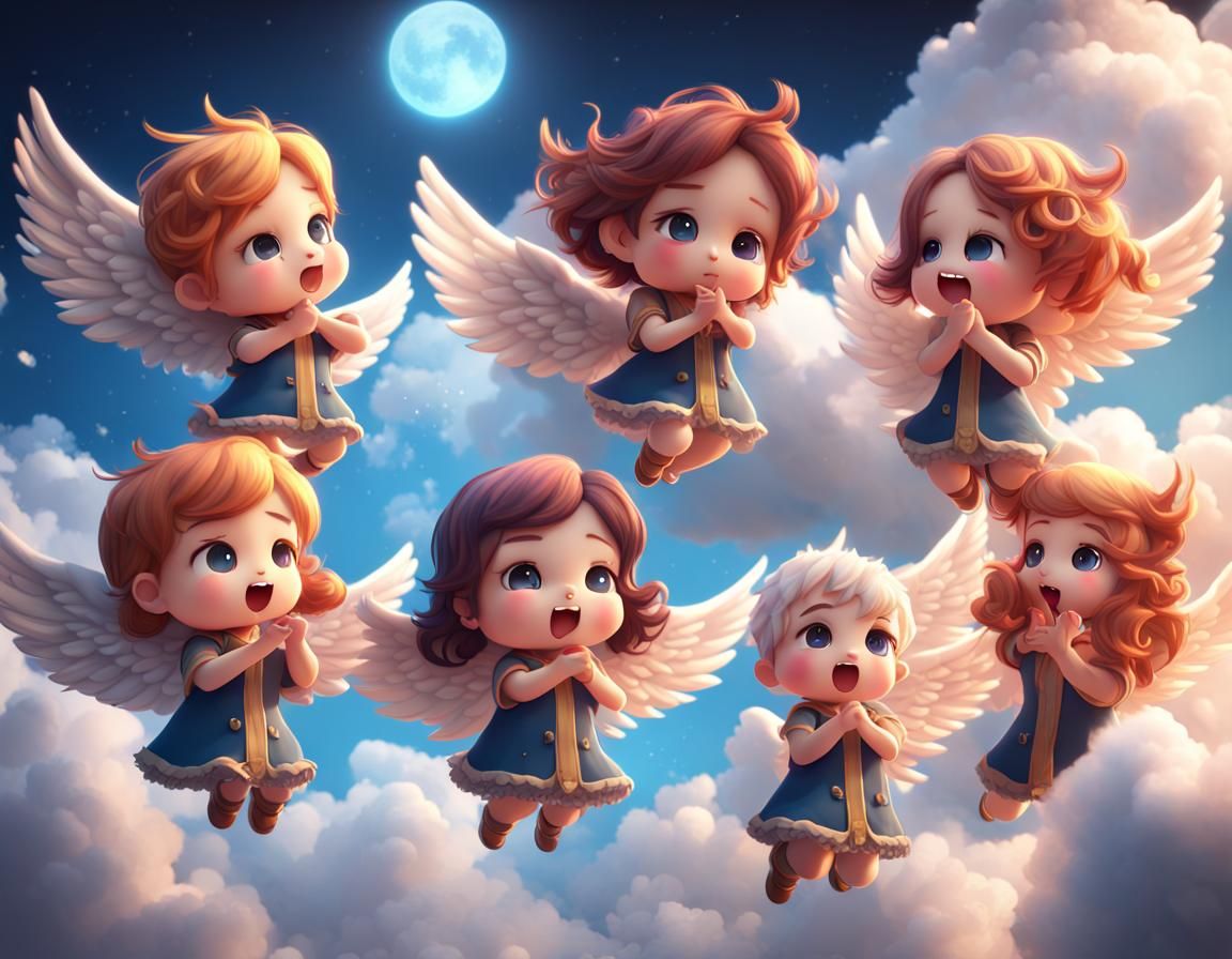 Angelic Chorus: Seven Chibi Angels Sing in Pixar Style