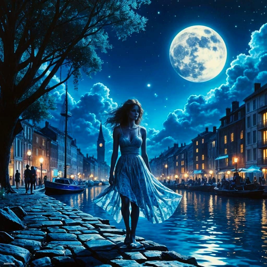 Glowing Summer Nymph Under Moonlit French Canal