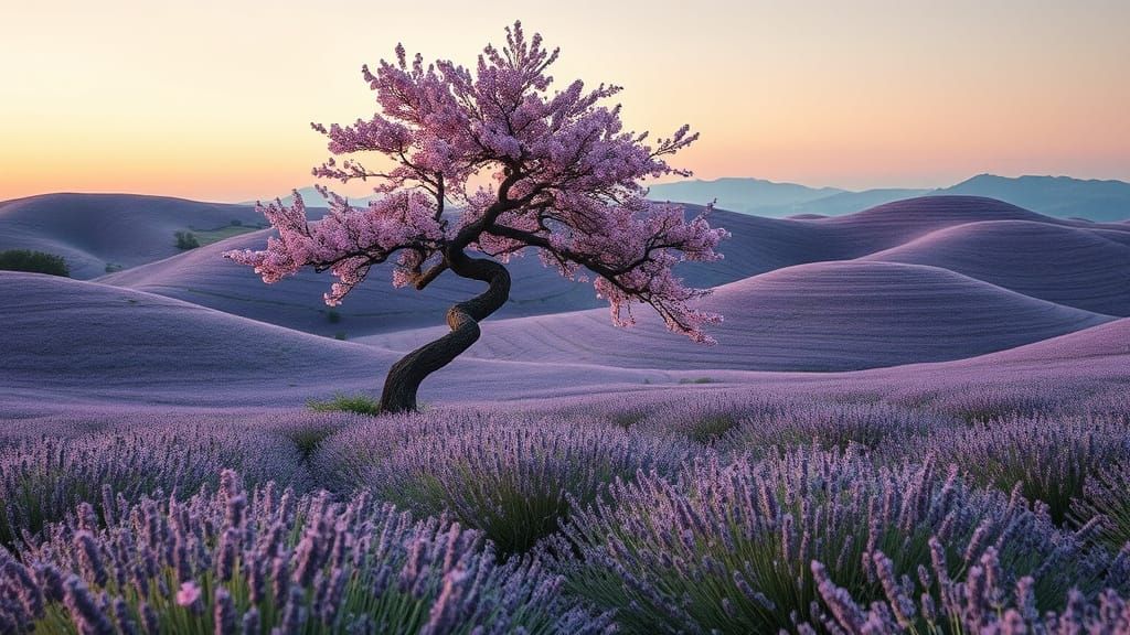 Cherry Blossom and Lavender Field at Twilight