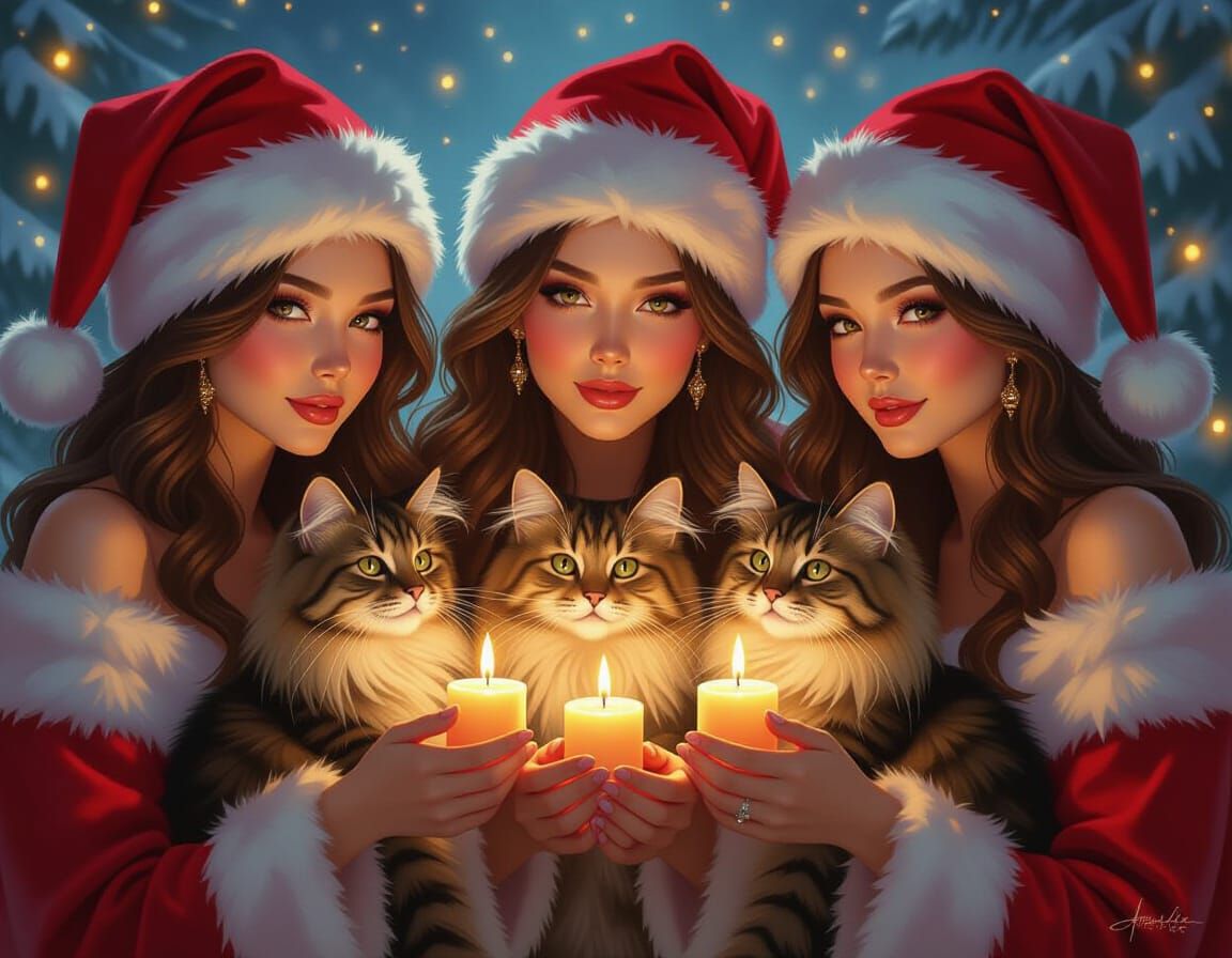 Women with Cats and Candles in Festive Style