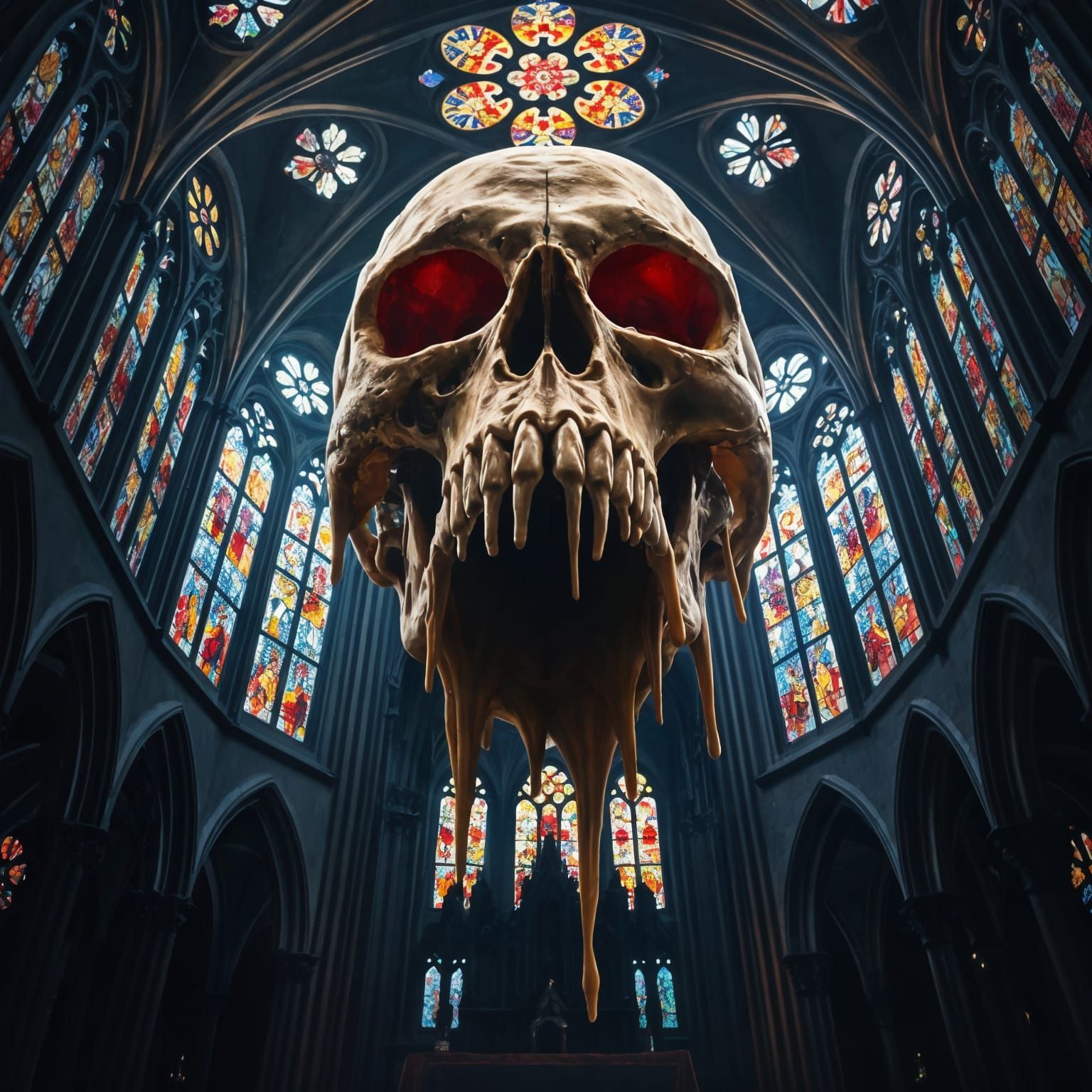 Melting Wax Skull Rises in Gothic Cathedral