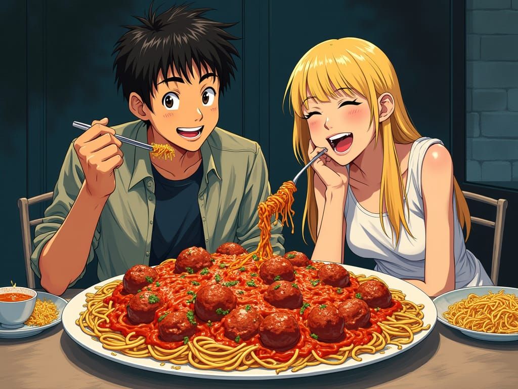 Couple Joyfully Eating Spaghetti in Anime Style