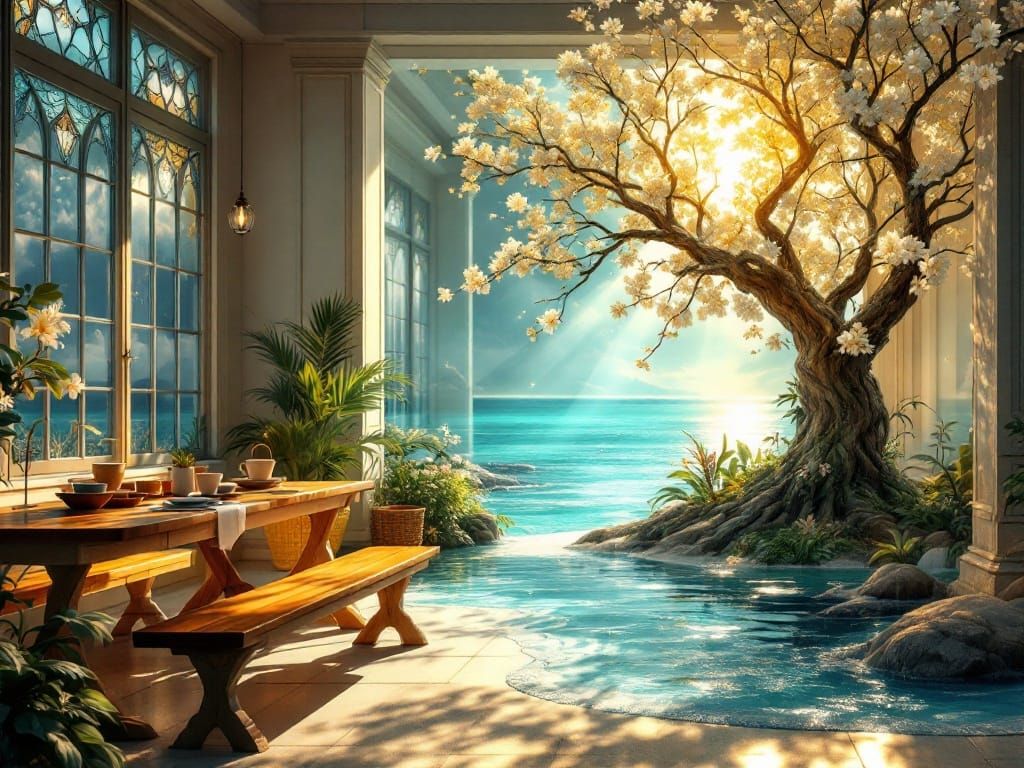 Surreal Kitchen Oasis Transcends Reality in Warm, Ethereal C...