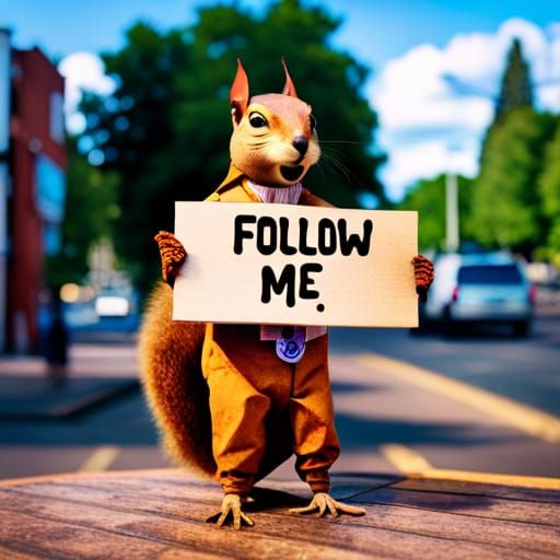 Squirrel Beggar Asks for Followers on Sign