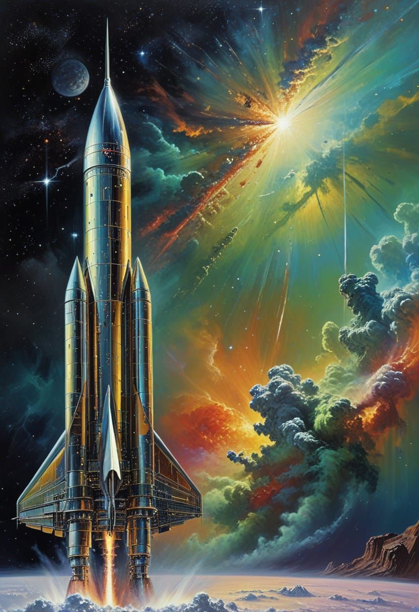 1950s Sci-Fi Rocketship in Space