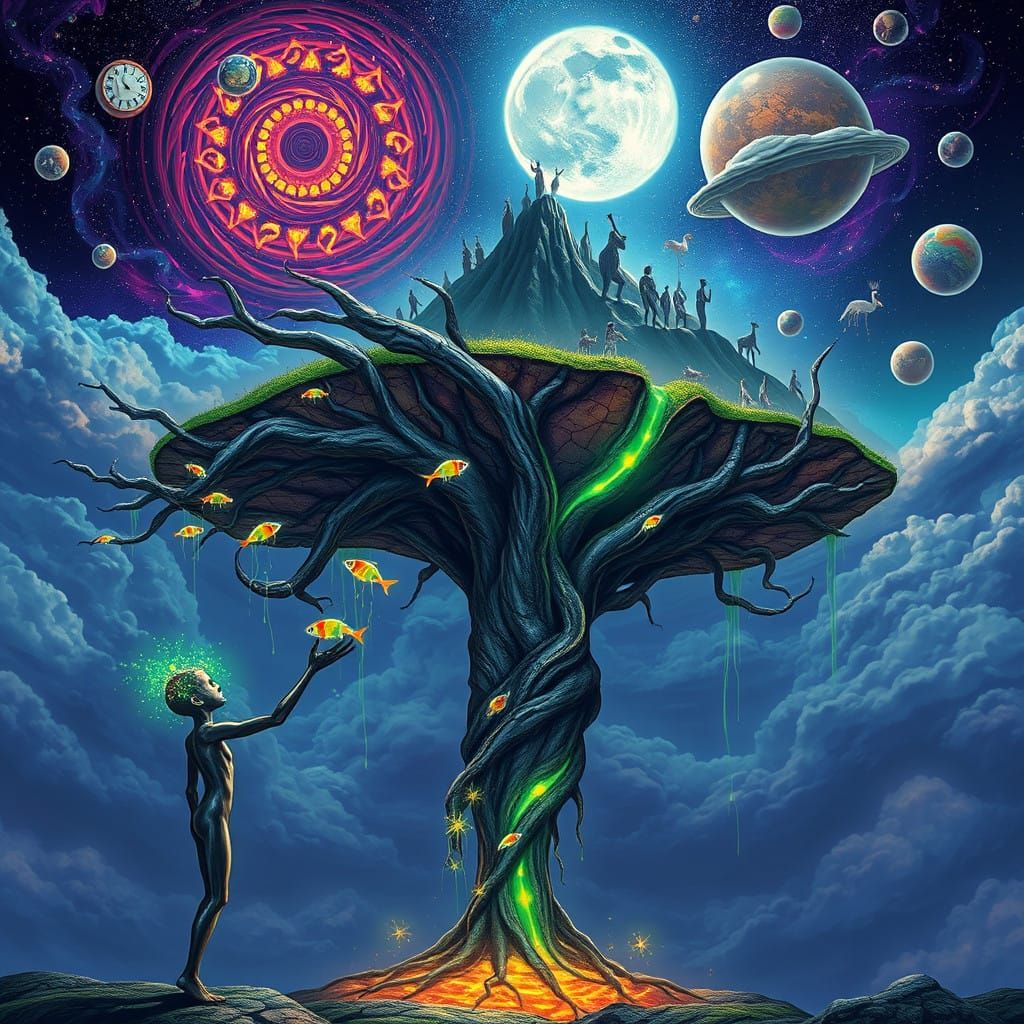 Ethereal Cosmic Being Touches Celestial Tree in Surreal Drea...