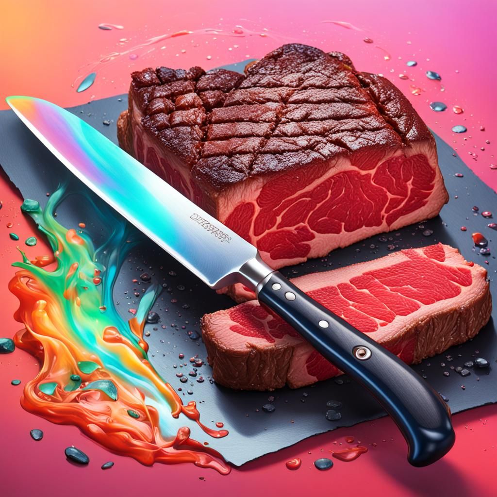 Iridescent Knife Cuts Steak: Hyperrealistic Splash Art