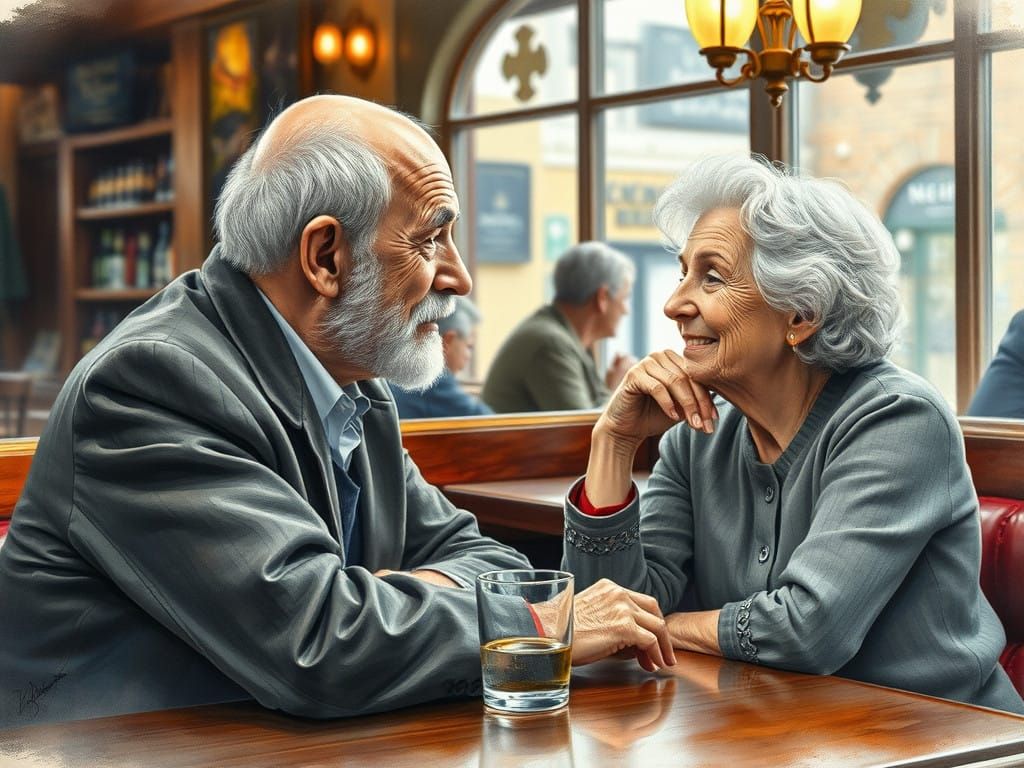 Warm Intimate Portrait of an Old Couple in a Cozy Pub Settin...
