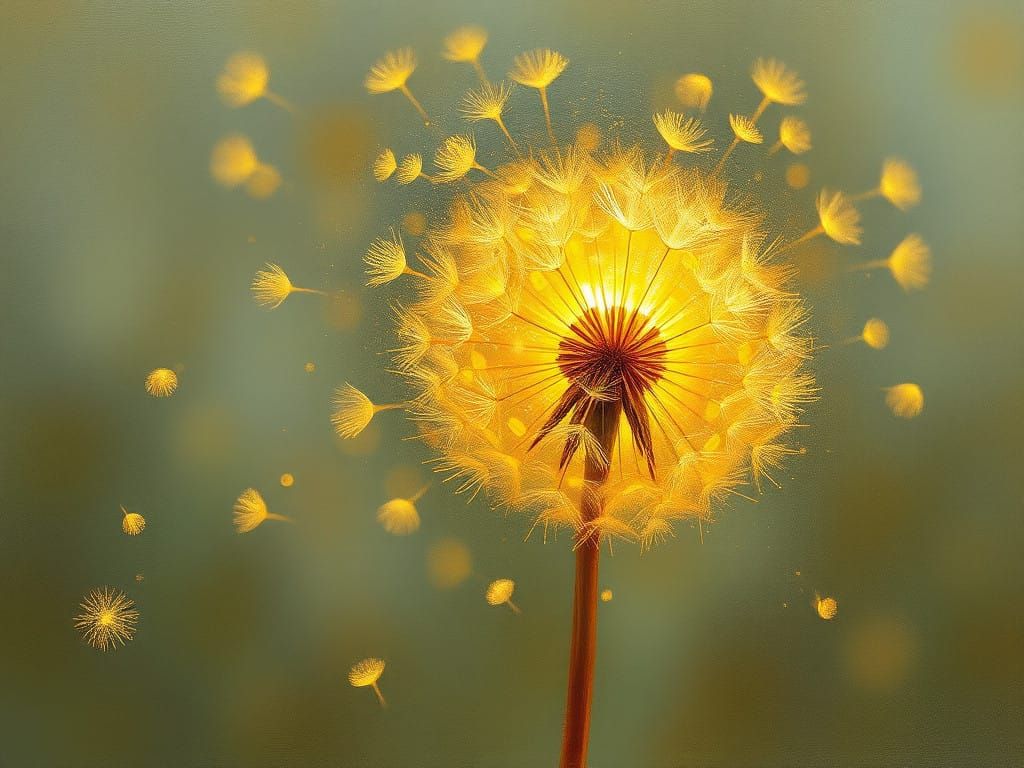 Dazzling Dandelion Seeds in Golden Light, Inspired by Klimt'...