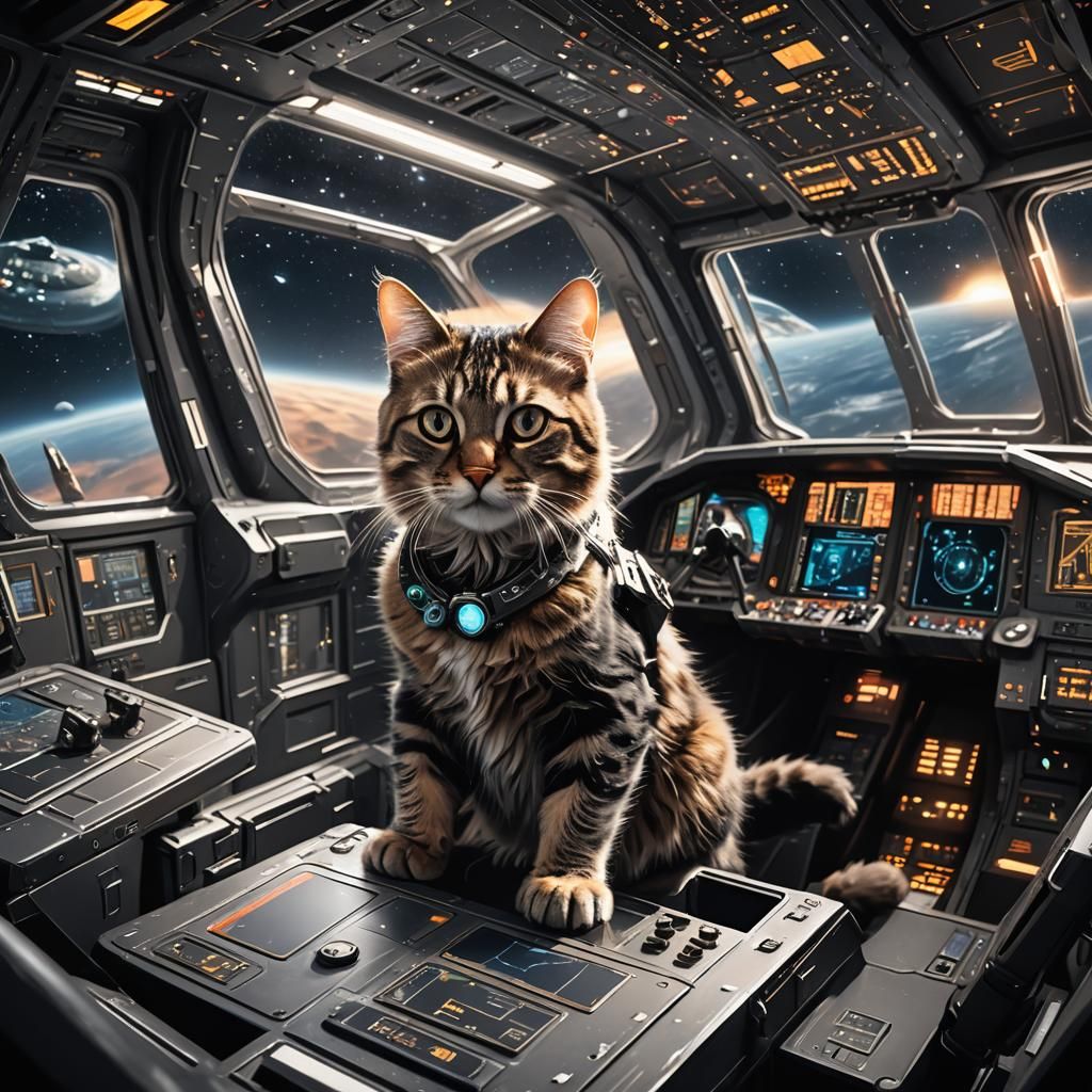 Cat Pilot Navigates Galaxy in Starship Cockpit