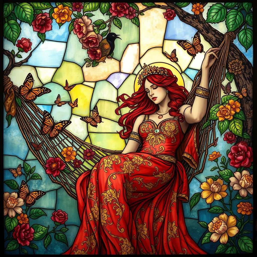 Goddess in Stained Glass Splendor, Surrounded by Flowers and...