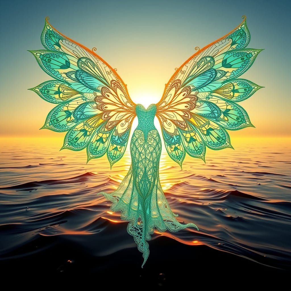Ethereal Figure Bathed in Golden Light with Turquoise Wings