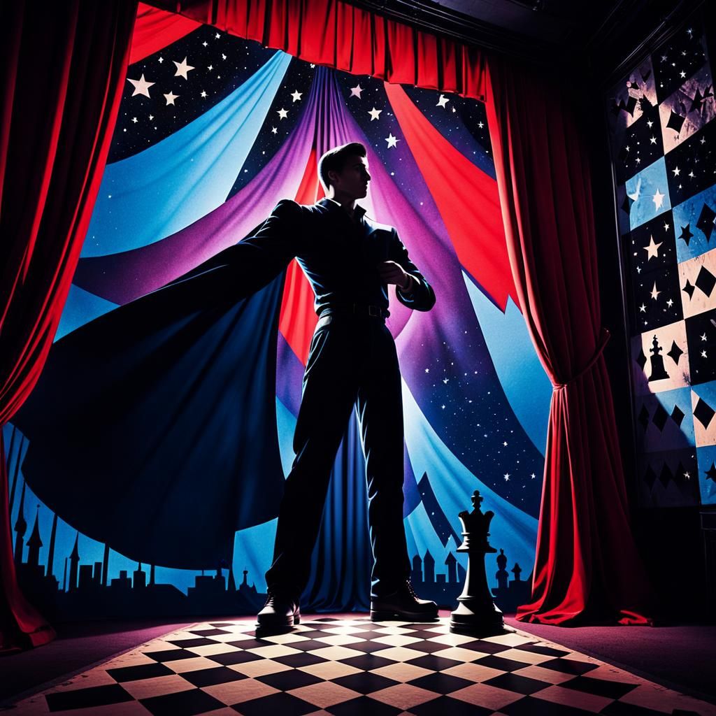 Figure Before Starry Curtain in Expressionist Style