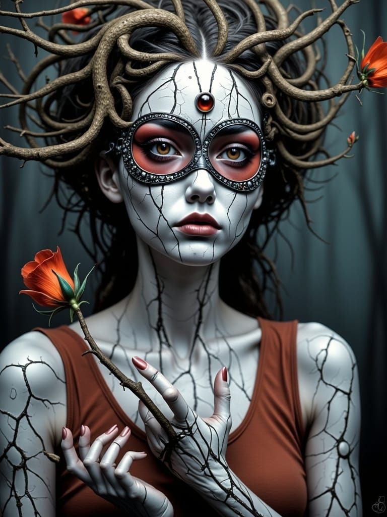 Porcelain Girl in Neon Forest: Digital Art