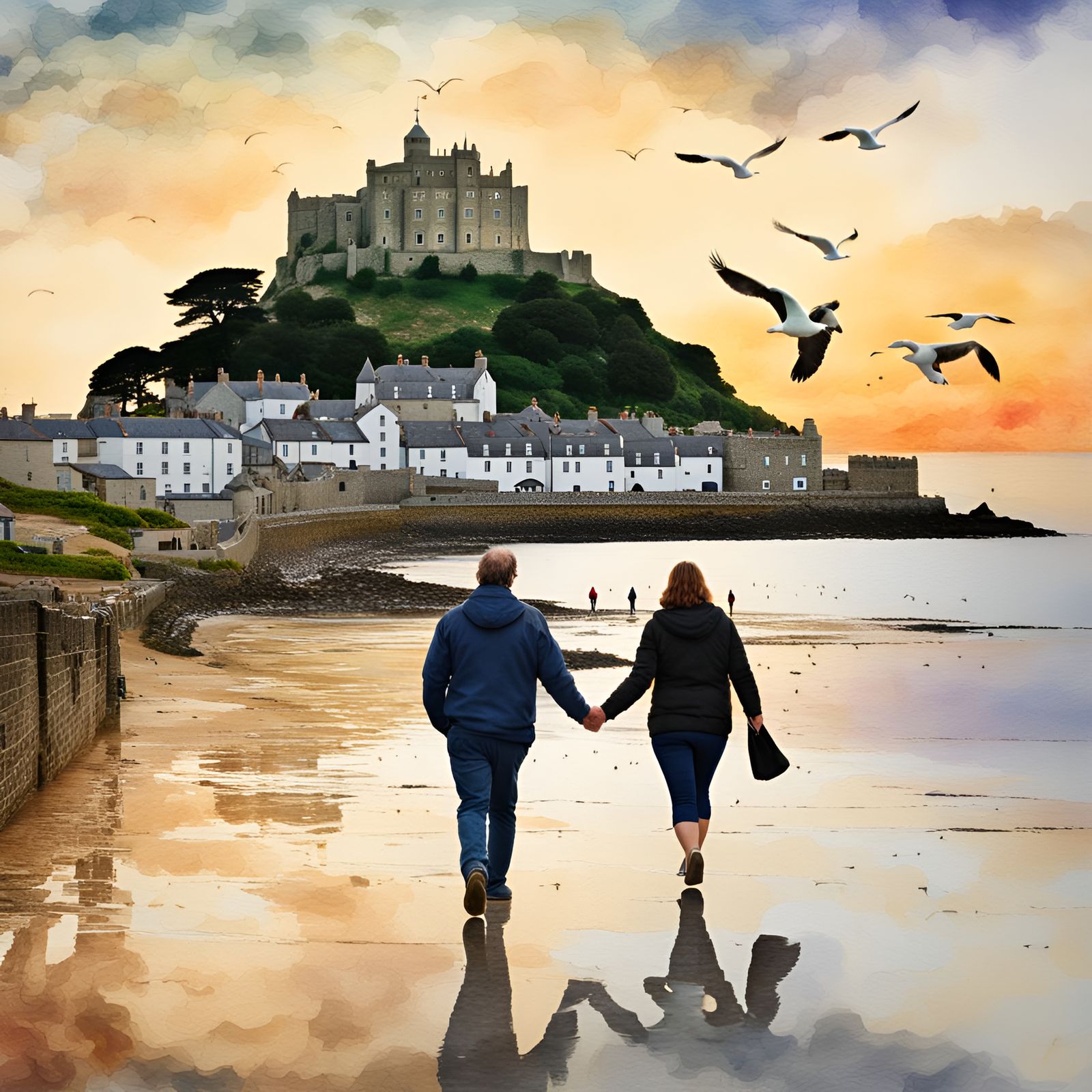 Couple Walks Towards Sunset, Watercolour Painting